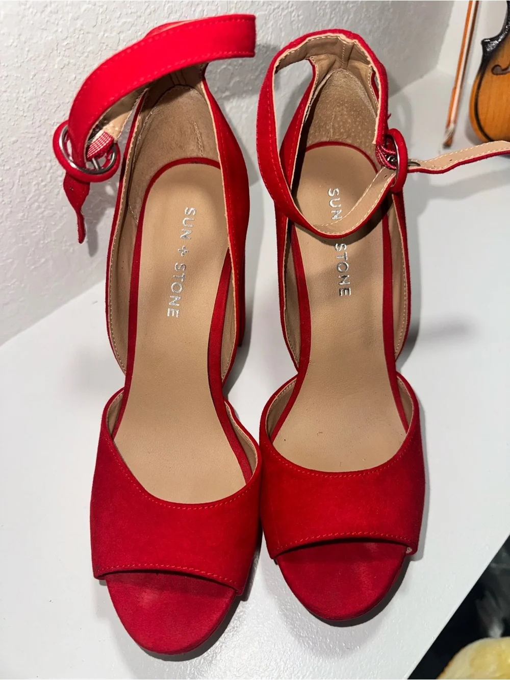 Sun + Stone Red Suede Peep-Toe Ankle Strap Platform Heels